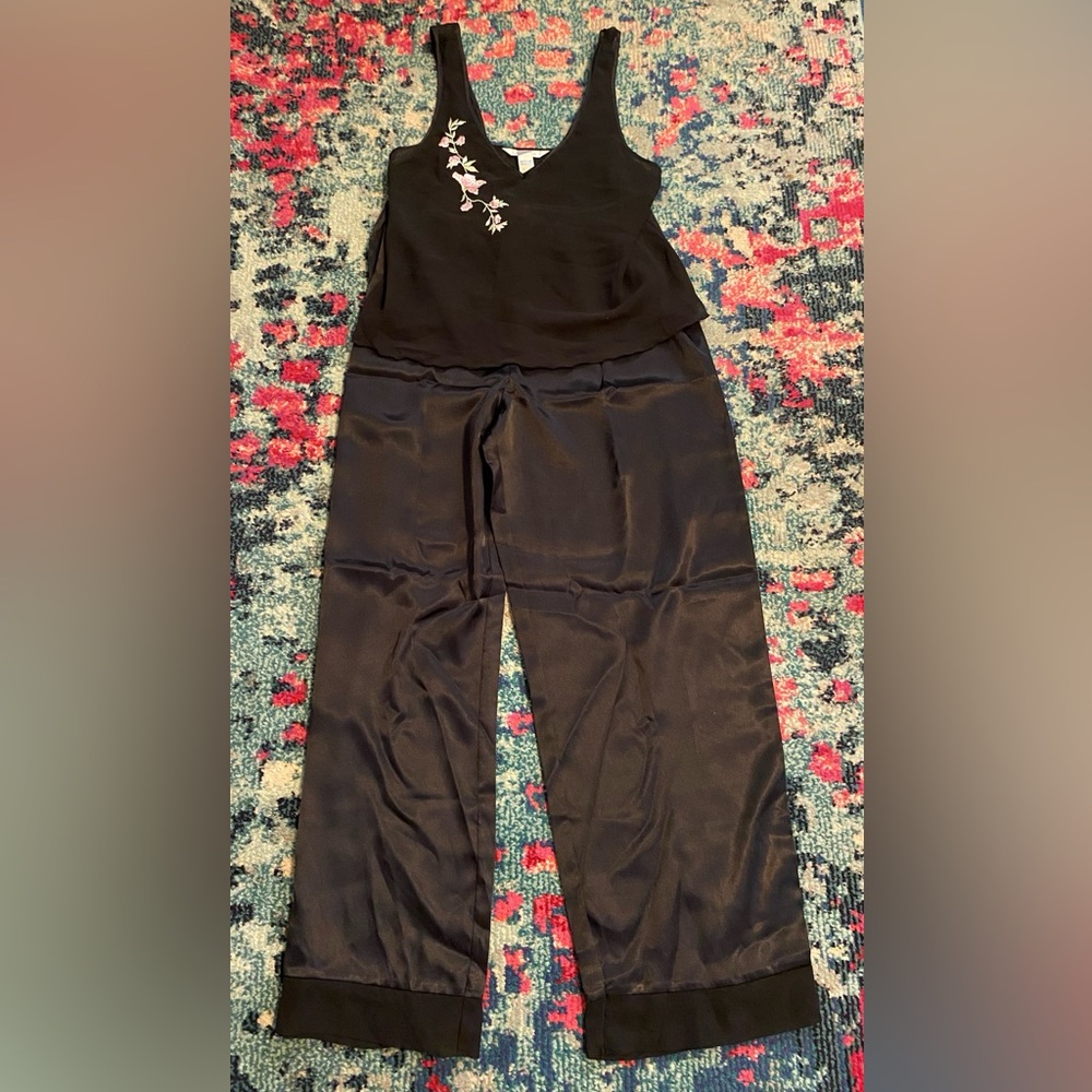 Black Satin And Illusion Embroidered  Vintage Pajamas Size M